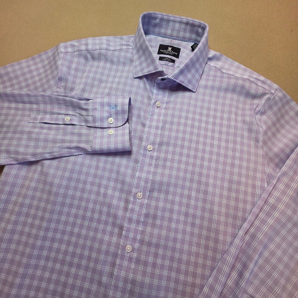 Psycho Bunny Modern Fit Stretch Non-Iron Dress Shirt Purple Plaid Sz 17 34/35 XL